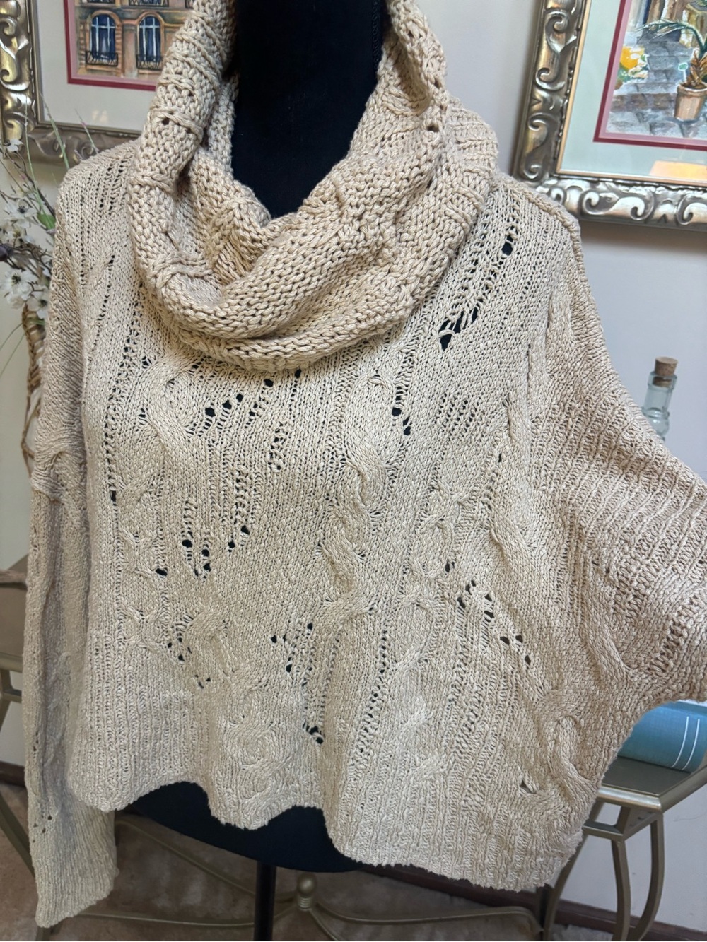 Free People Beige Cowl Neck Cable Knit Sweater- Subtly Distressed - Oversized